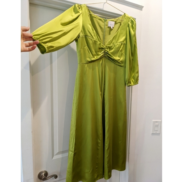 Cinq a Sept 100% Silk Zosia Satin Chartreuse Dress - Picture 3 of 8